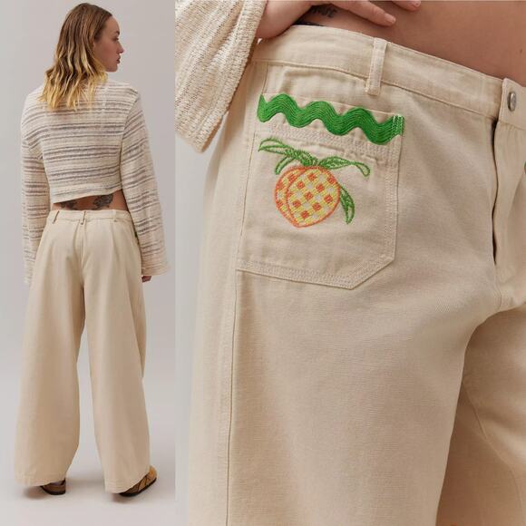 NEW UO Strawberry Print Embroidered Cream Joey Wide Leg Oversized Pant Sz 2 - Picture 2 of 12